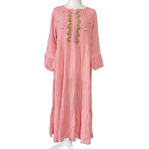 Mittoo by Khantil Womens Dress XL Boho Embroidered Maxi ‎ Pink Cottagecore